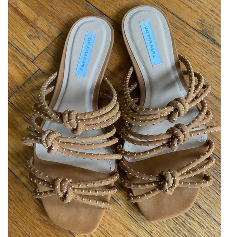 Saks Fifth Avenue Gold Stud Tan Suede Strappy Flat Gladiator Greek Moto Sandals